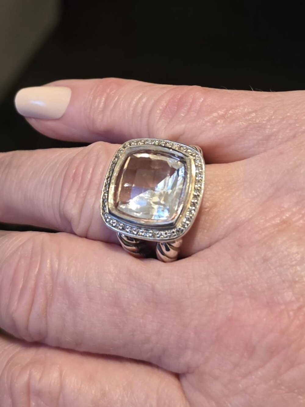 David Yurman Albion Ring – White Topaz & Diamond Halo (Size 8)